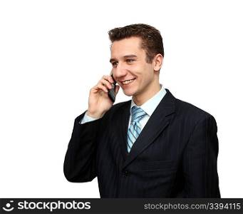 smiling man calling by phone isolated on white