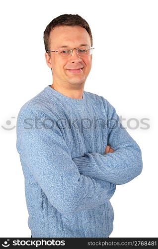 smiling man in blue sweater an glasses