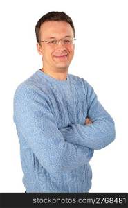 smiling man in blue sweater an glasses