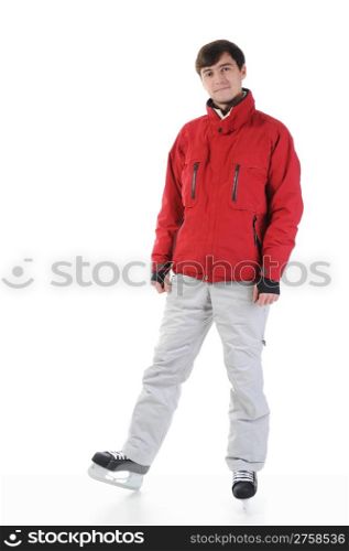 Smiling man in winter style with skates. Isolated on white background