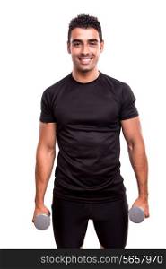 Smiling man lifting weights over white background