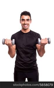 Smiling man lifting weights over white background