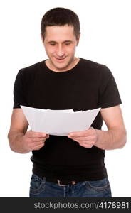 smiling man reading documents isolated on white background