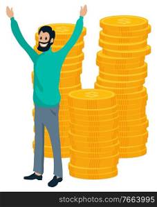 Smiling man rising hands, coins stack isolated on white. Success of investment and profit, person character earning money, businessman and payment vector. Businessman and Coin, Earning Money, Dollar Vector