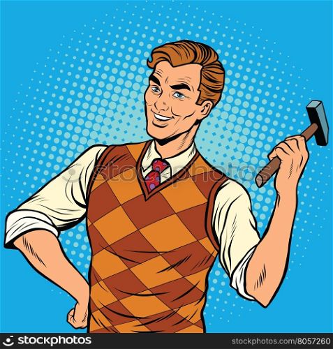 Smiling man with a hammer, home repairs, pop art retro vector illustration