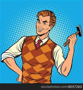 Smiling man with a hammer, home repairs, pop art retro vector illustration
