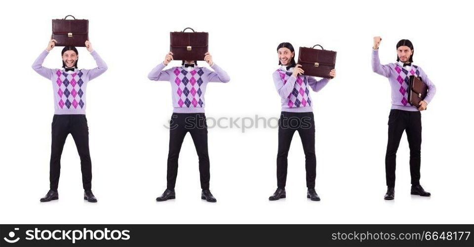 Smiling man with briefcase isolated on white