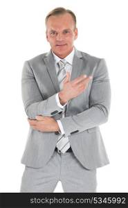 Smiling mature businessman. Portrait of smiling mature businessman wearing gray suit isolated on white background