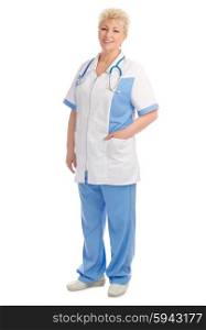 Smiling mature doctor with stethoscope isolated