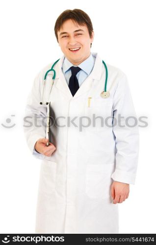 Smiling medical doctor holding clipboard in hand isolated on white&#xA;