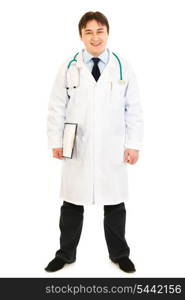 Smiling medical doctor holding clipboard in hand isolated on white&#xA;