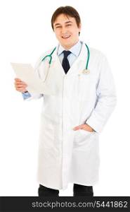 Smiling medical doctor holding document in hand isolated on white&#xA;