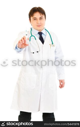 Smiling medical doctor holding medical syringe in hand isolated on white&#xA;