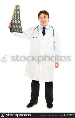 Smiling medical doctor holding tomography in hand isolated on white&#xA;