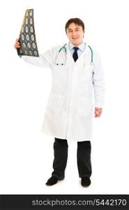 Smiling medical doctor holding tomography in hand isolated on white&#xA;