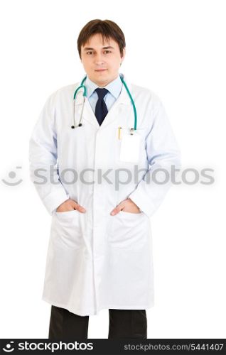 Smiling medical doctor in uniform with stethoscope isolated on white&#xA;