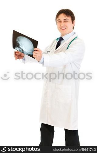 Smiling medical doctor pleased with results of heads roentgen isolated on white&#xA;