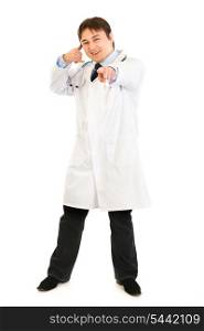 Smiling medical doctor showing contact me gesture isolated on white&#xA;
