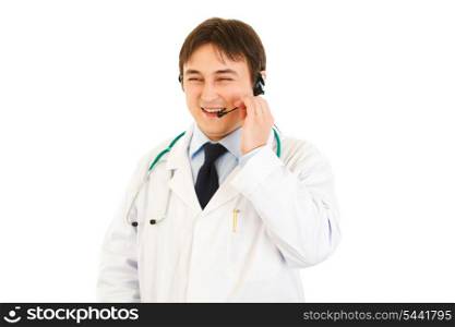 Smiling medical doctor with headset isolated on white&#xA;
