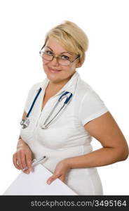 Smiling medical doctor woman with stethoscope isolated on white