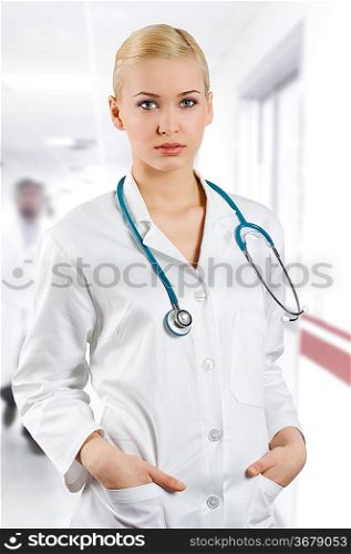 smiling medical doctor woman with stethoscope Isolated over white background