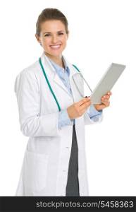 Smiling medical doctor woman with tablet PC