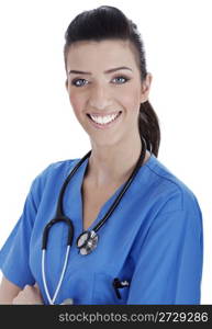 Smiling medical nurse with stethoscope on isolated white background