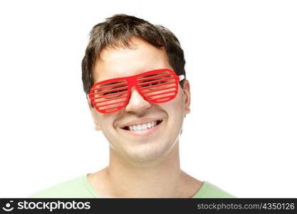 smiling men in red sunglasses isolated on white background