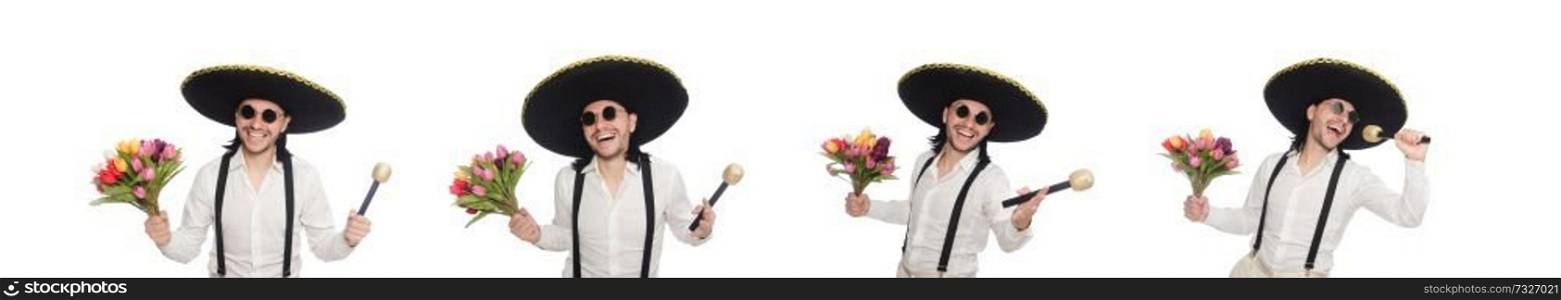 Smiling mexican with flowers and microphone isolated on white