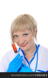 smiling nurse with a syringe in his hand. Isolated on white background