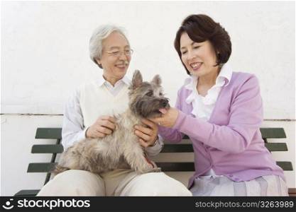 Smiling old asian couple with a dog