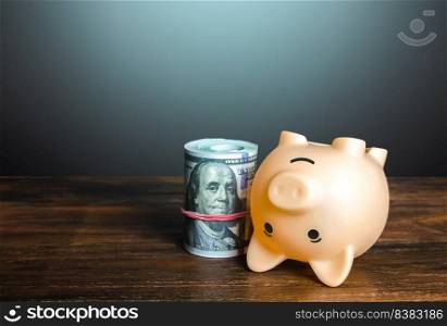 Smiling piggy bank lying upside down. Favorable deposit rates. Savings. Enrichment and wealth. Pension fund. Investments in stocks, liquid assets. Passive income. Concept of calm and relaxation.