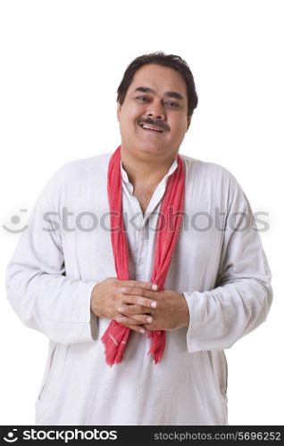 Smiling politician standing over white background