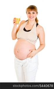 Smiling pregnant woman holding glass of juice in hand isolated on white&#xA;
