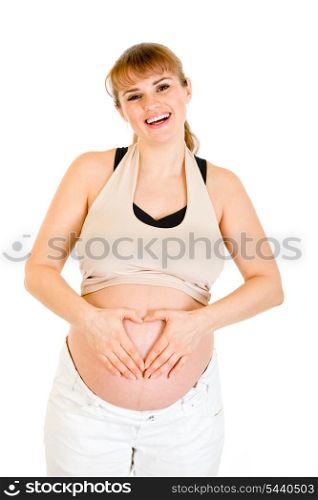 Smiling pregnant woman making heart with her hands on belly isolated on white&#xA;