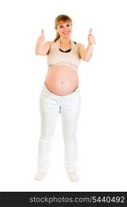 Smiling pregnant woman showing thumbs up gesture isolated on white&#xA;