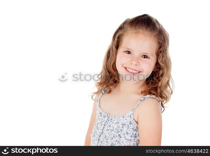Smiling pretty little girl with curly hair looking at camera