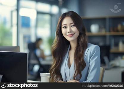 smiling professional asian businesswoman working with laptop in office. AI Generative