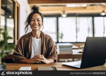 smiling professional asian businesswoman working with laptop in office. AI Generative