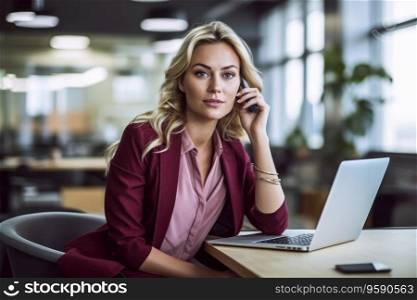 smiling professional businesswoman working with laptop in office. AI Generative