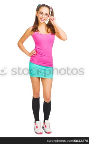 Smiling schoolgirl with round glasses isolated