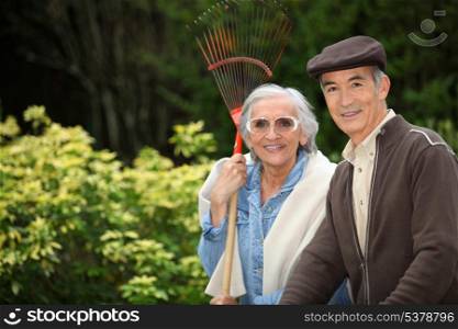 Smiling senior couple gardening