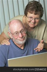 Smiling senior couple looking at screen