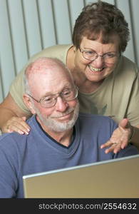 Smiling senior couple looking at screen