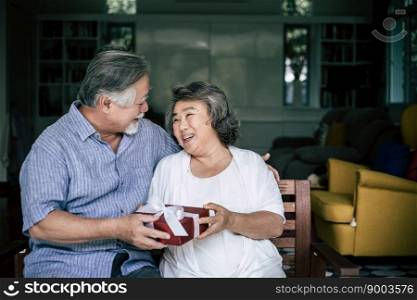Smiling senior husband making surprise giving gift box to his wife