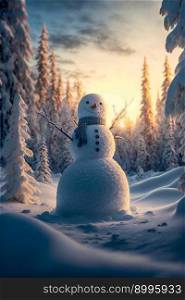 Smiling snowman outdoors on winter day.  Image created with Generative AI technology