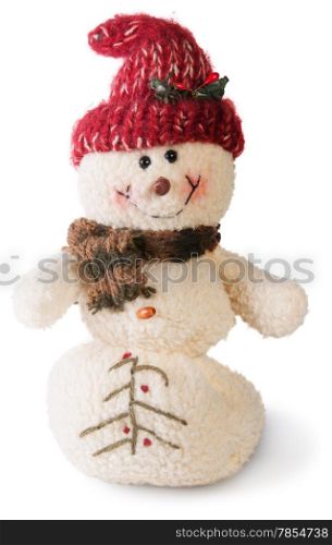Smiling snowman toy dressed in scarf and cap isolated on white background