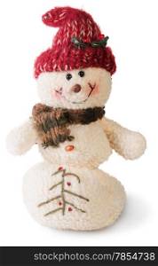 Smiling snowman toy dressed in scarf and cap isolated on white background