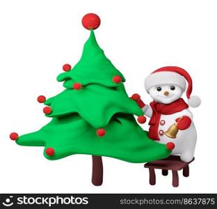 Smiling snowman with new year tree and  bell in  hand isolated 3d rendering
