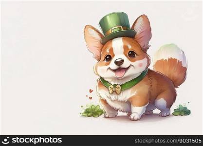 Smiling St. Patrick&rsquo;s Pomeranian puppy in a green leprechaun hat on a white background. Watercolor cartoon. Generative AI. 